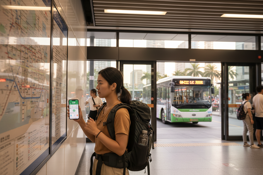Foreign tourists using China urban transit including metro, bus and Didi without Mandarin