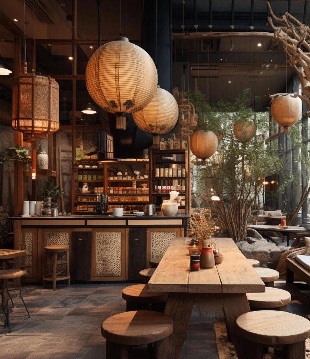 Chinese-style cafe with a courtyard setting wooden lattice screens and a ceramic coffee cup
