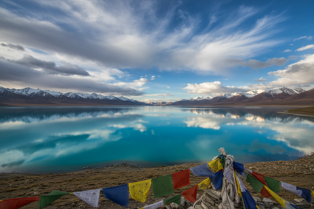 Namtso Lake and snow-covered mountains in Tibet